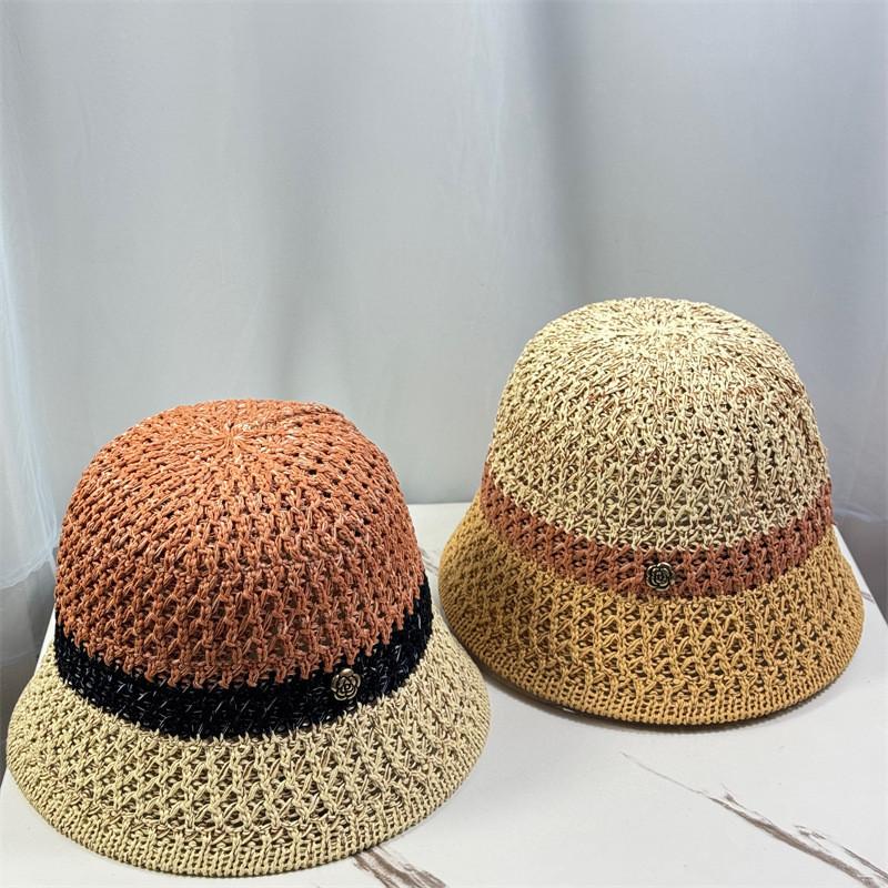 Vintage Color Block Knit Cotton Linen Fisherman Hat For Women Spring Summer Bucket Hat Sunscreen Chapeau Retro