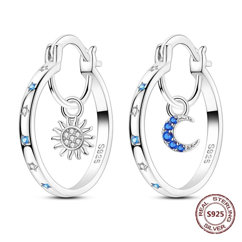 Shining Blue Zircon Owl Earrings 925 Silver Evil Eyes Earrings for Women Wedding Engagement Planet Moon Star Zirconia Jewelry