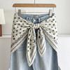 White Floral Small Silk Scarf Triangle Scarf Headscarf Belt Women's Decoration with Skirt Jeans Waist Accessories Fart Curtain
