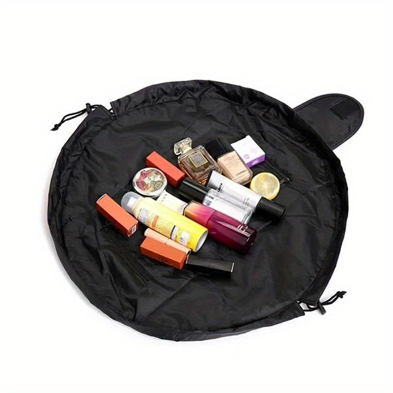 Glossy Black Large Drawstring Makeup Bag, High-Quality Portable Travel Cosmetic Organizer for Women