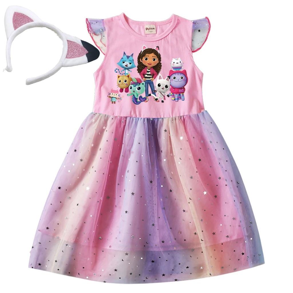 Baby Meisjes Jurk Kinderen Cartoon Gaas Ster Pailletten Prinses Jurk Kinderen Vliegende Mouw Rok Voor Dagelijks Halloween Verjaardagscadeau 130 pink