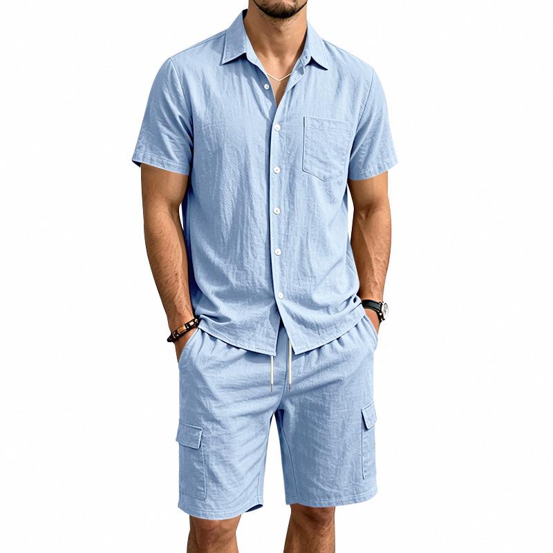Men's Summer Linen Lapel Casual Shirt & Shorts Set: Breathable Cotton Two-Piece Workwear