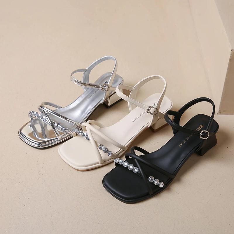 2025Summer Square Toe Women Sandals Eelgant Crystal Narrow Band  Low Heel Sandalias
