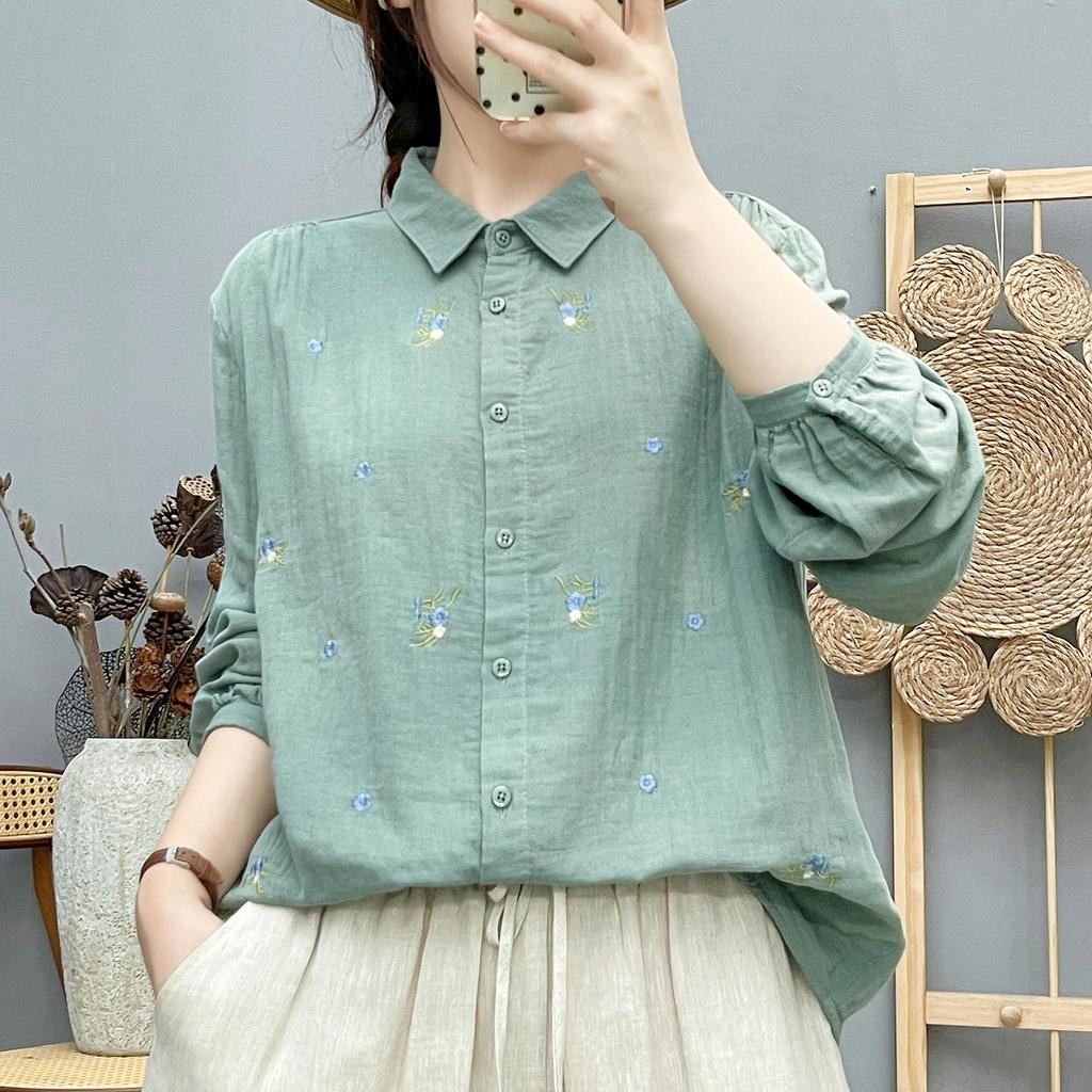 Women's Forest Style Cotton Gauze Shirt: Long Sleeve, Soft, Breathable, with Fresh Floral Embroidery