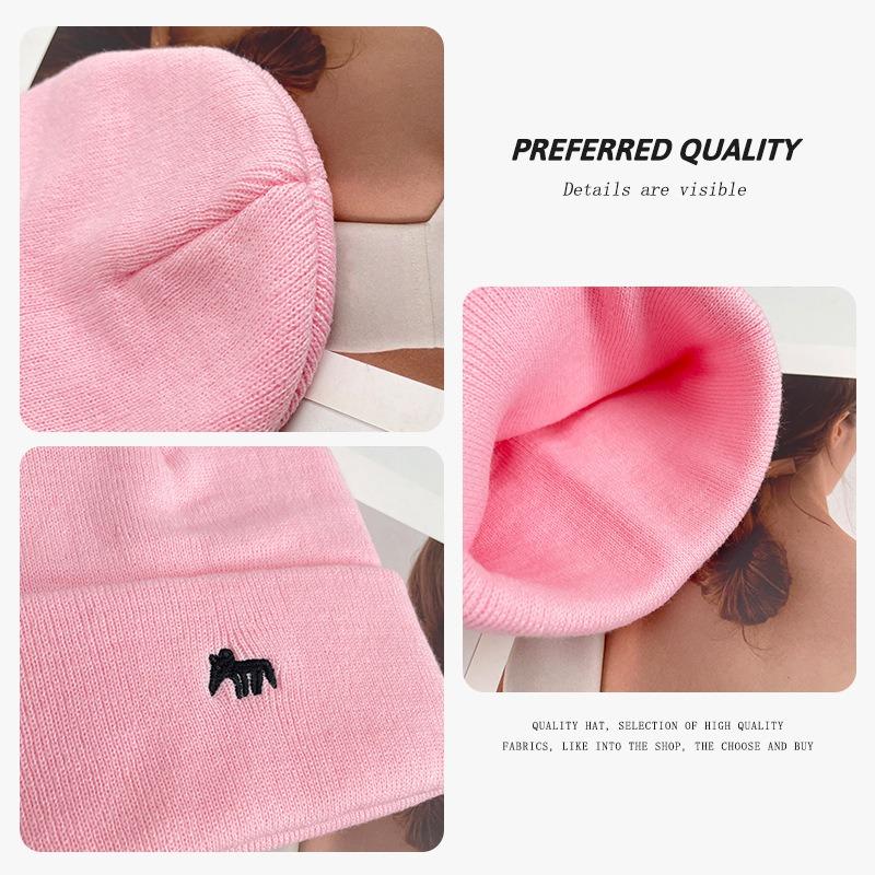 Embroidered Fox Wool Hat for Men, Small Face In Autumn and Winter, Warm Ear Protection, Knitted Hat, Fashionable Versatile Melon Fur Hat for Women