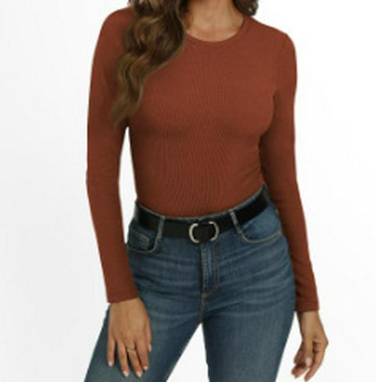 2024 Women's Long-Sleeve Ribbed Crew Neck Slim-Fit T-Shirt