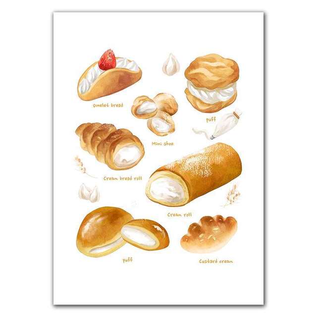 Breakfast Food Posters and  Prints Cake Bread Puff Tea Dessert Wall Art HD Pictures Canvas Painting for Coffee Shop Bakery Decor