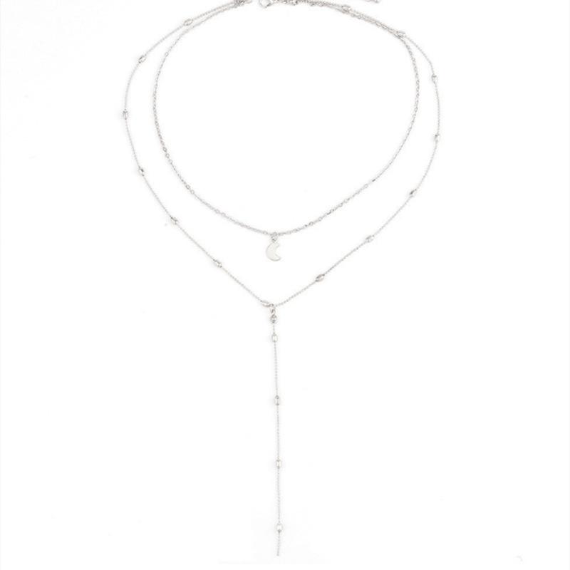 Stylish Retro Women's Collarbone Chain Jewelry, Double Bead Chain Fringed Moon Pendant Necklace
