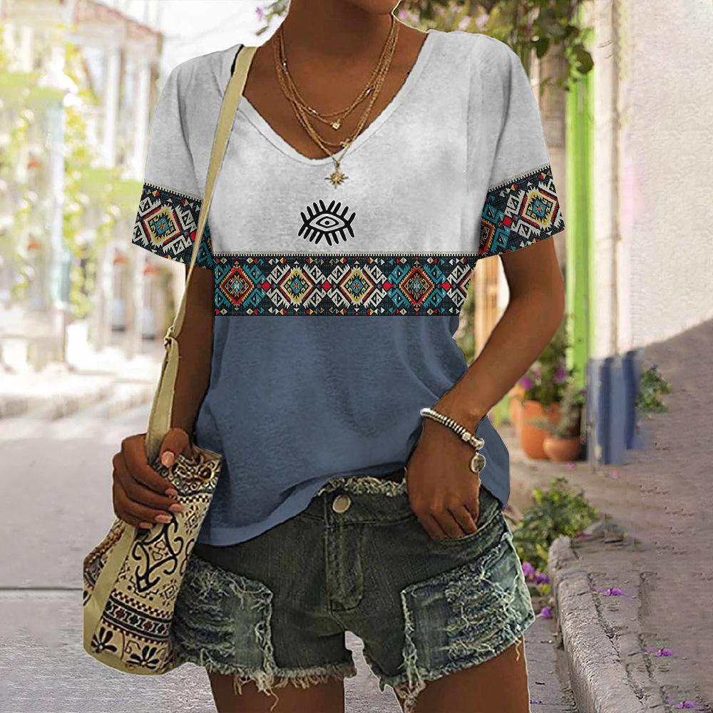 vintage women floral print t shirt short sleeve v neck tops comfortable t-shirts