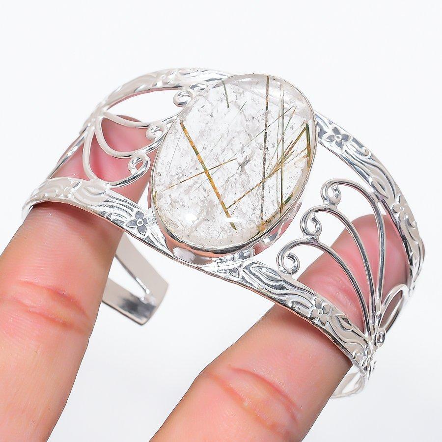 Natural Golden Rutile Gemstone 925 Sterling Silver Cuff Bangle Adjustable s0u62