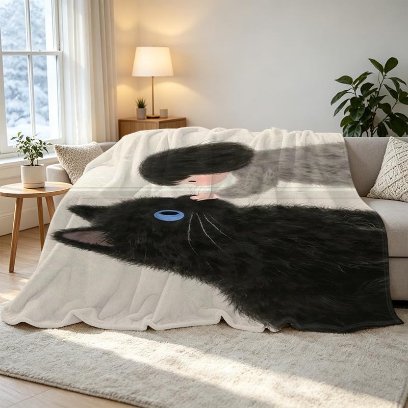 Printed Flannel Blanket - Black Cat Series, Soft & Skin-friendly Warm Throw, Cozy for Home, Bedroom, Movie Night, Halloween & Christmas