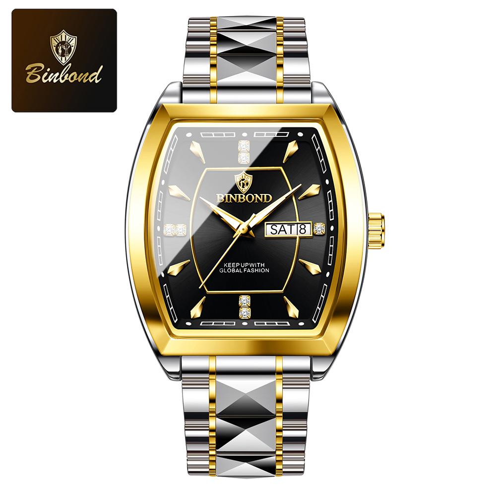 BINBOND Men's Watch Authentic Light Luxury Wine Barrel Steel Belt Waterproof Night Light Calendar Men's Student Quartz Watch