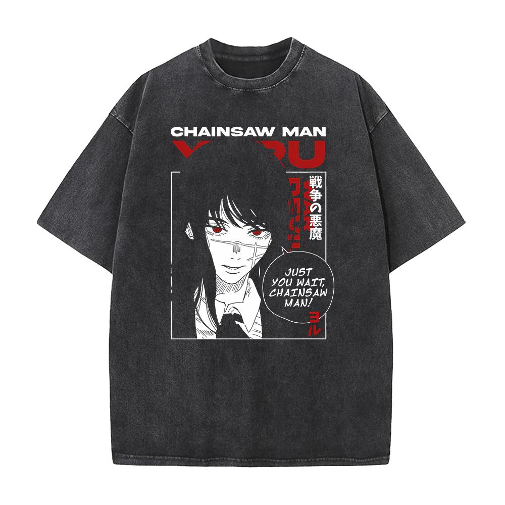 Hot Japanese Yoru Graphic T Shirt Chainsaw Man Anime Vintage Washed T-shirt Men Women Clothes Oversized Polyester Short Sleeve Tee