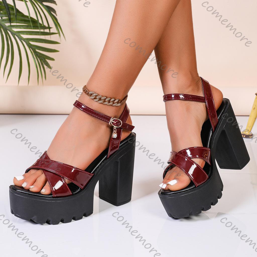 Comemore Summer New High-heeled Sandals for Women Leather Thick Sole Buckle Strap Ladies Shoes Platform Sandales Femmes