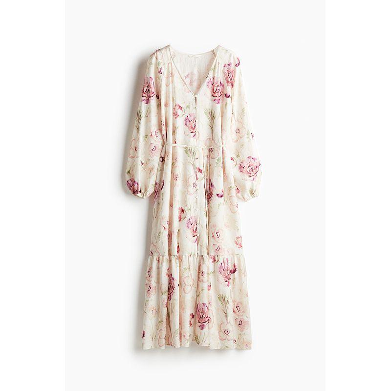 

Женское платье HM Осень Новое Праздничное Рукав-фонарик Пояс на талии Платье с растительным принтом 1226566 Cream/Florals 160/88