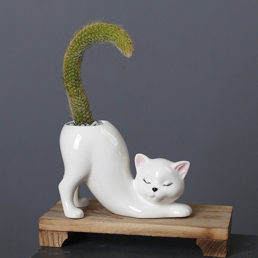 Handicraft Cat Tail Column Flower Pot Ceramic Animal Figurines Sculpture Succulent Flowerpot  Home