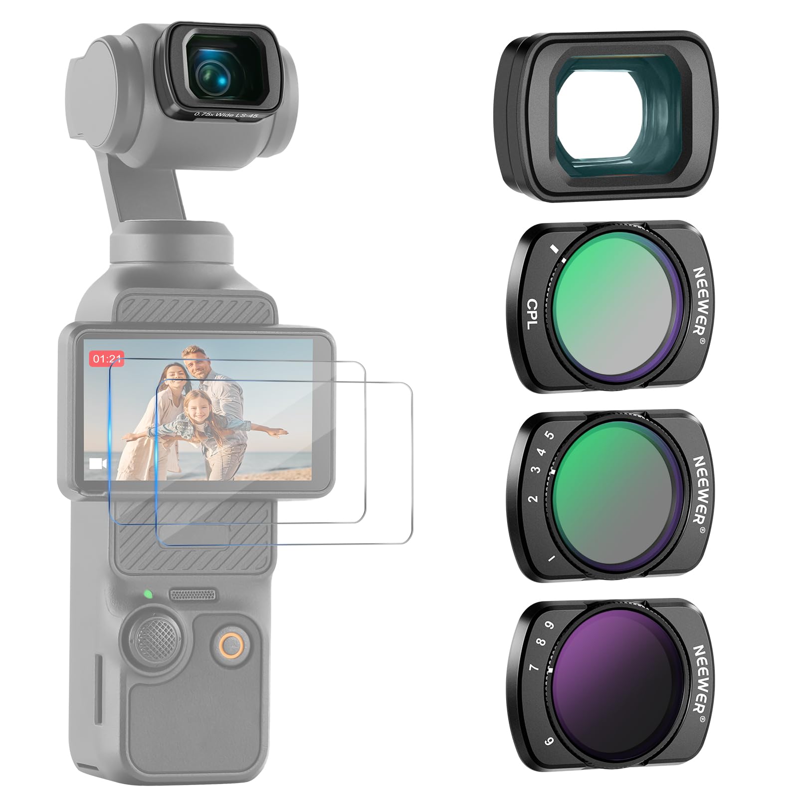 

NEEWER Variable ND Filter Set Wide Angle Lens Compatible DJI Osmo Pocket 3 Creator Combo FOV CPL Filter with Screen Protector Neutral Density Filter