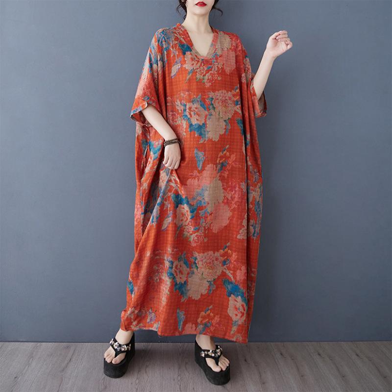 Summer Casual Artistic Plus Size Loose Print V-neck Short Sleeved Dress