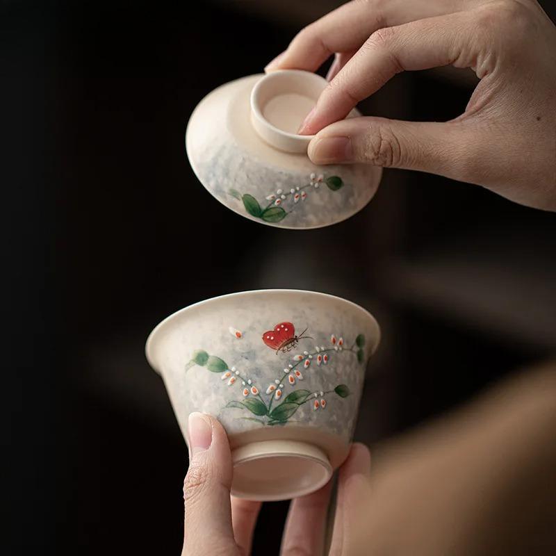 150ml Hand Drawn Orchid Butterfly Gaiwan Aesthetic Tea Tureen Tea Bowl With Lid Kit Maker Cover Bowl  Ceremony Collection