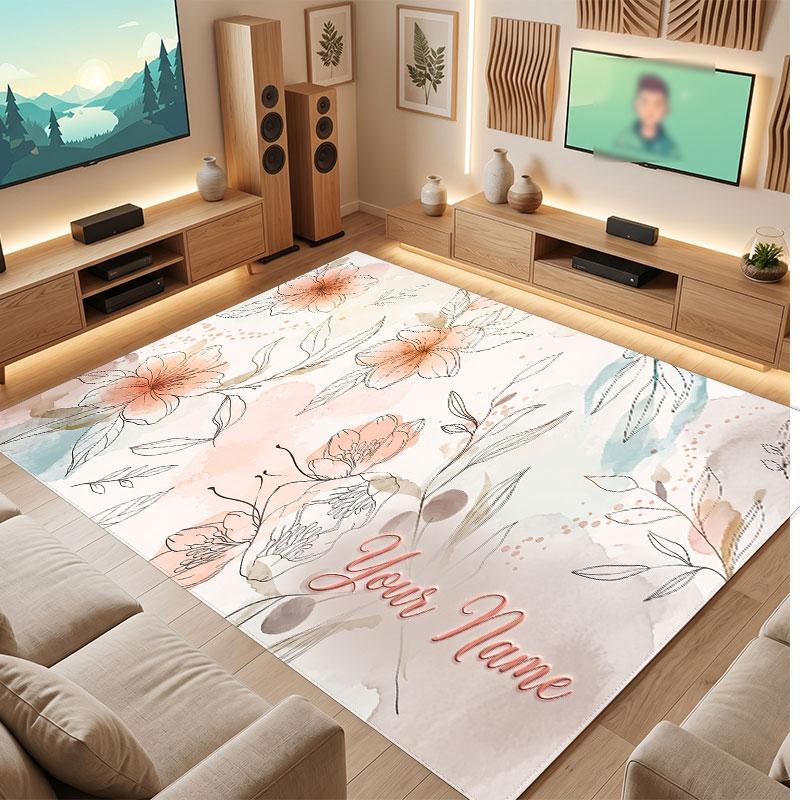 Floral Garden Theme Crystal Velvet Floor Rug Personalized Custom Name Text Warm Carpet Home Decoration
