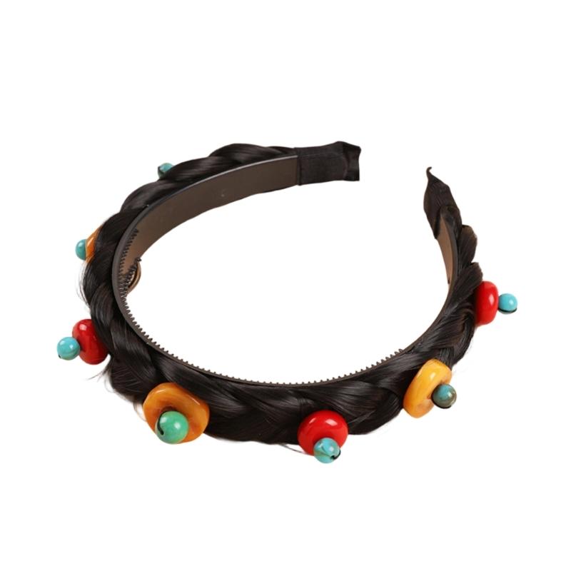 Ethnic Styles Handwoven Hair Hoop and False Hair Accessory with Turquoise Decors for Fashionable Comfort