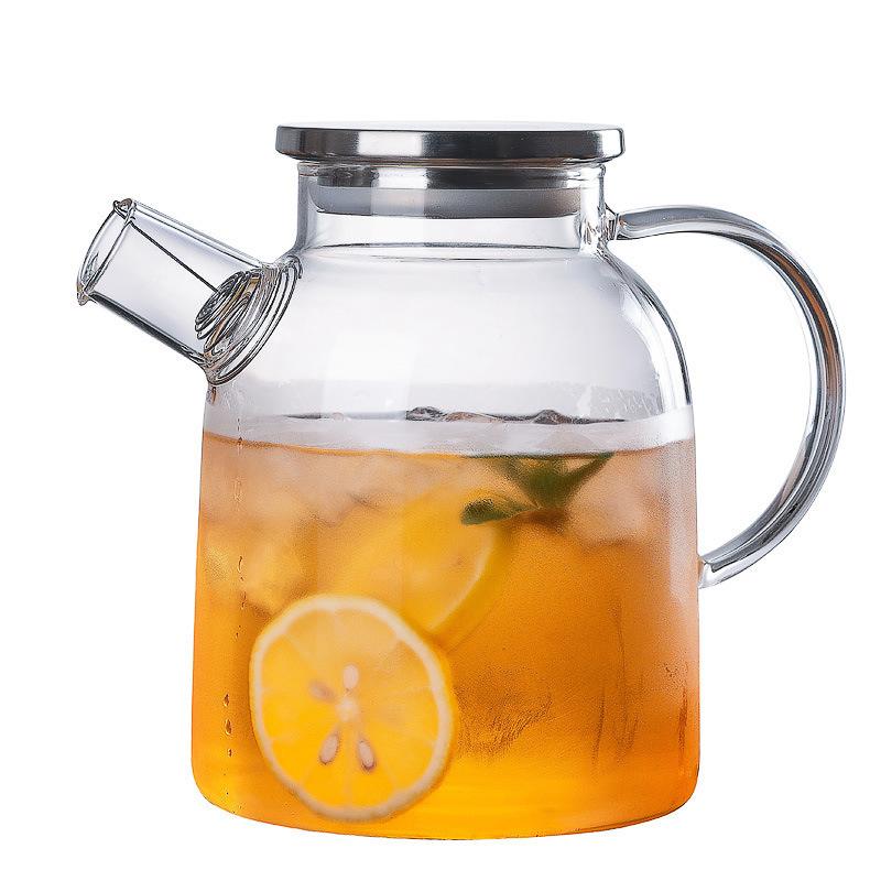 Transparente Glas Bambustasche Stahldeckel Kleine Kaltwasserkaraffe Große Saftgetränkekaraffe Gäste bewirten mit Weißem offenem Topf Kaltwasserkaraffe