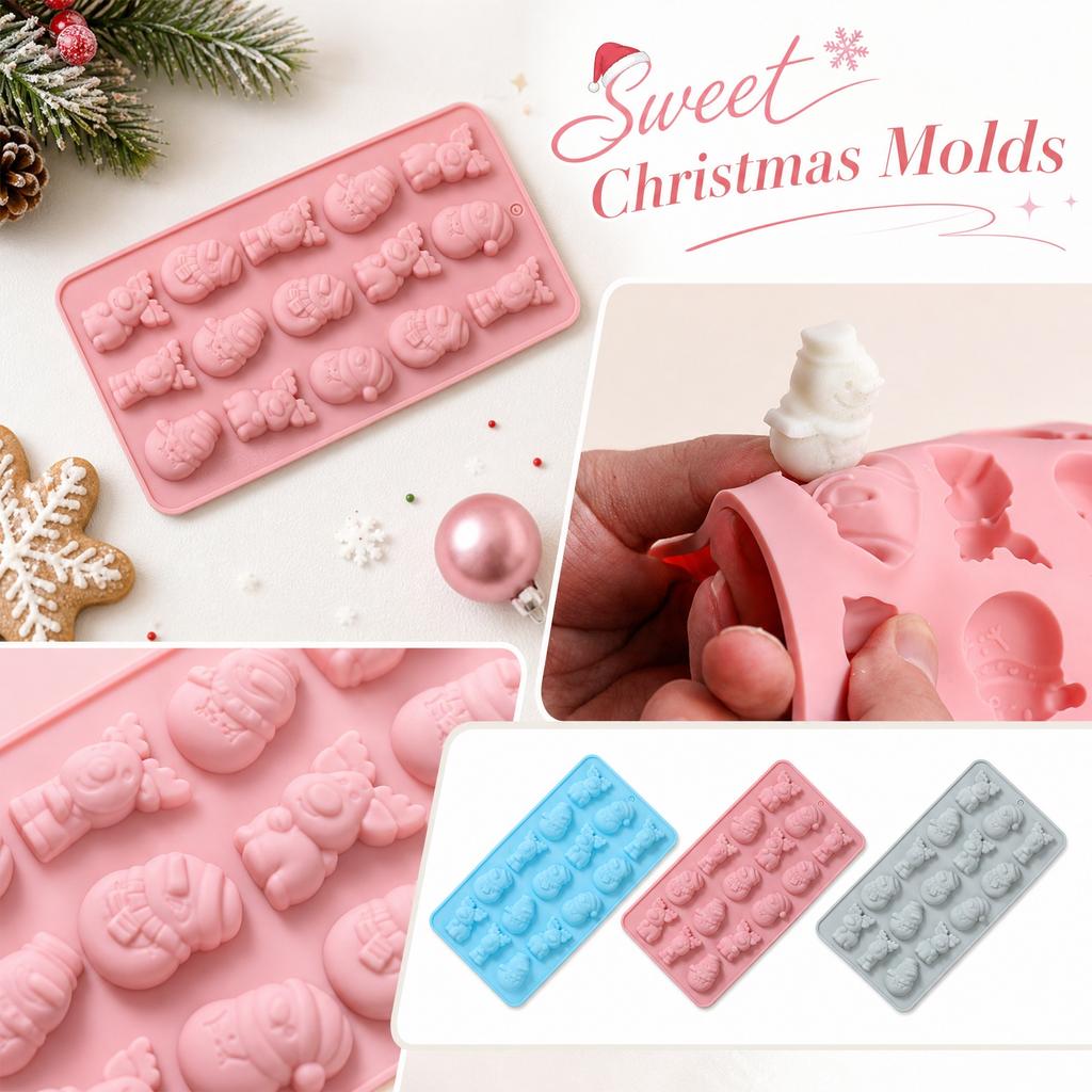 15 Cavity Silicone Mold for Christmas Candy Chocolate Making Santa Claus Reindeer Snowman Holiday Themed Baking Mold Flexible Food Grade