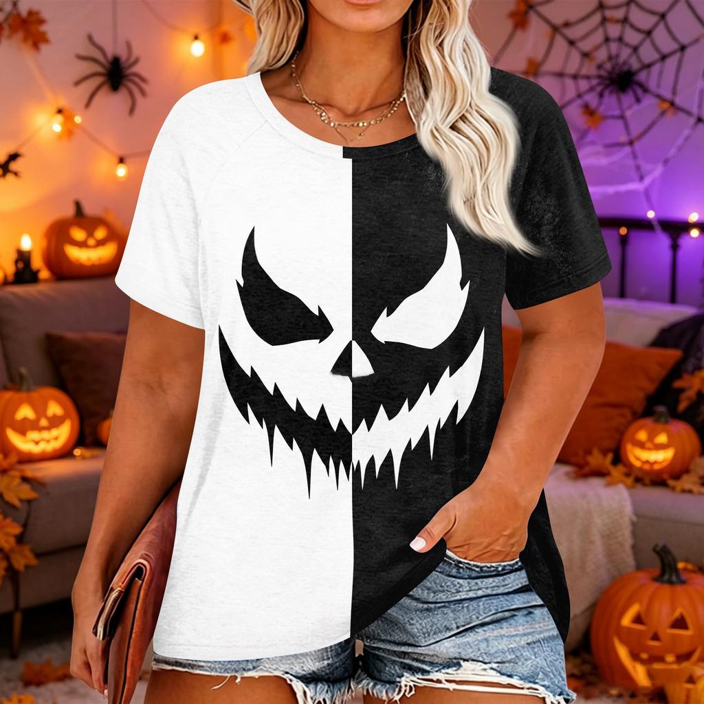 Women's Plus Size Casual Short Sleeve Neck T-Shirt with Halloween Print