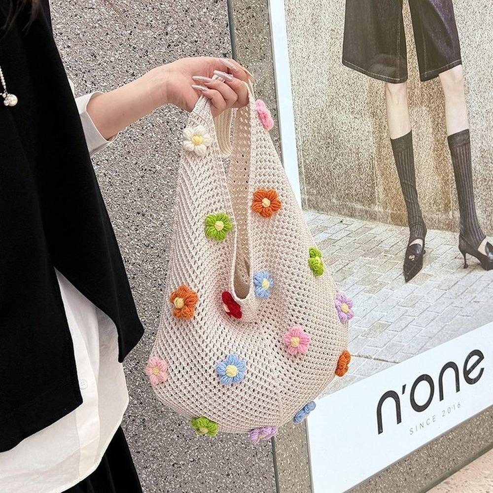Large capacity hollow knitted bag, fashionable and trendy commuting tote bag, yarn knitted vacation beach bag, single shoulder crossbody bag
