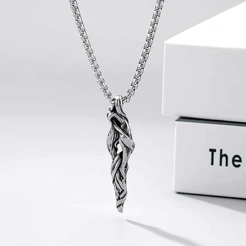 Tide Little White 925 Sterling Silver Retro Driftwood Necklace: Men s Hip Hop Thai Silver Withered Wood Pendant on Long Sweater Chain