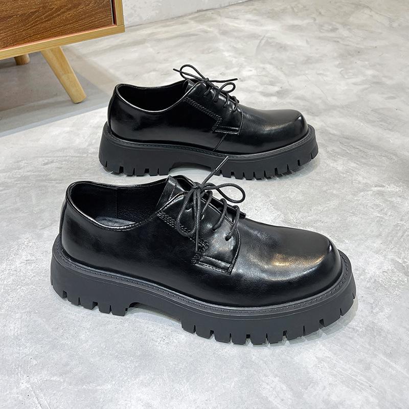 Zapatos Pequeños de Cuero Negro, Nuevos de Suela Gruesa Aumentados Estilo Británico Tacón Grueso con Cordones Zapatos de Cuero para Hombre 2139-T
