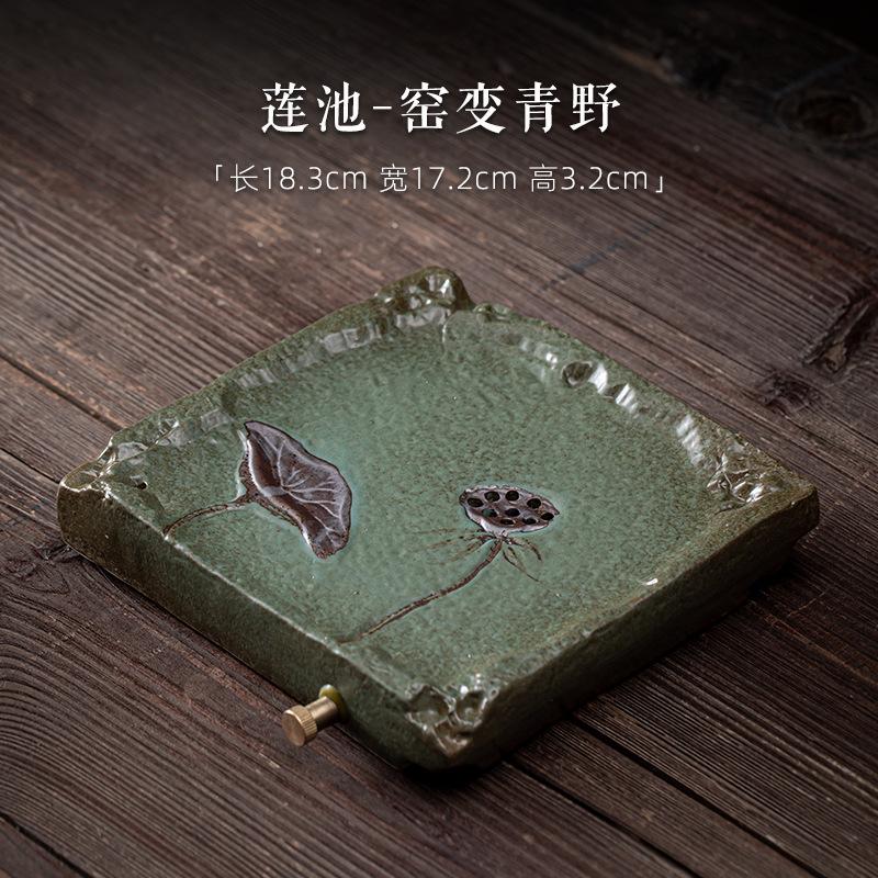 Teeablage Keramik Tee Serviertablett mit Abtropffläche Retro Lotusmuster Untersetzer Teetisch Box mit Wasserspeicher für Kungfu Set