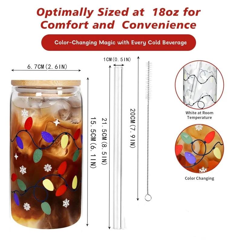 Color Changing Glass Cup 380-600ml Bamboo Leak Proof Cover And Straw Change Color When Exposed To Cold Christmas Party Gift