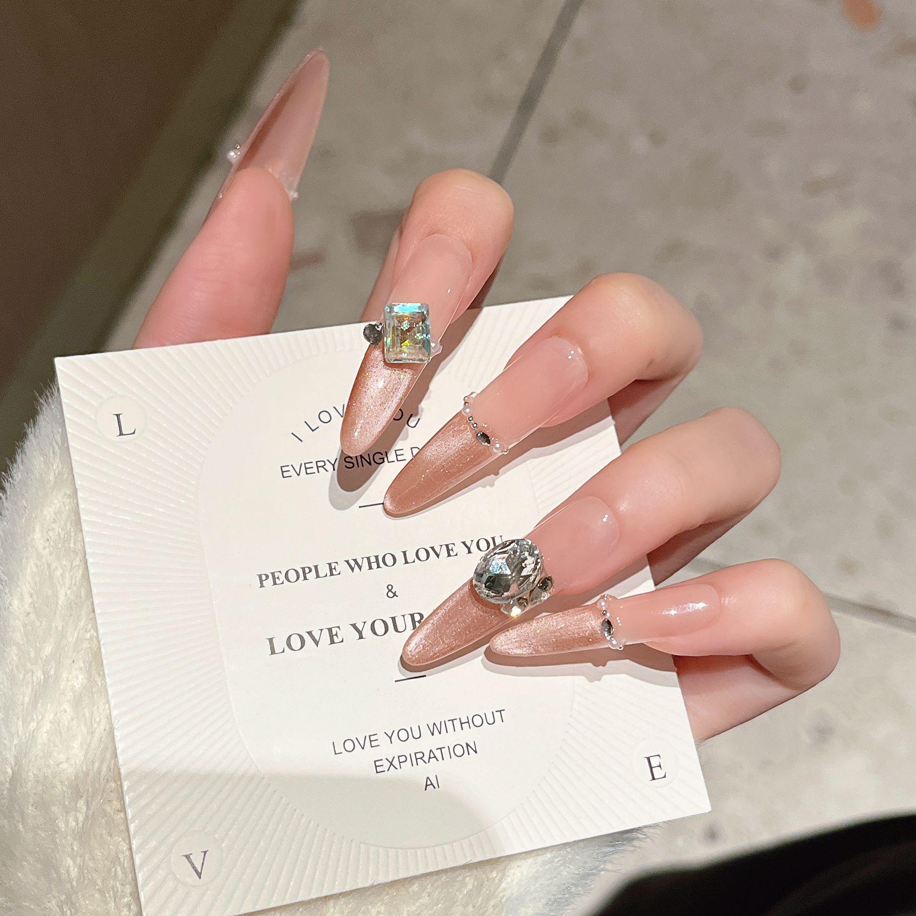 Handmade Pink Cat Eye Sparkle Nails: Trendy Autumn  Winter Wearable Nail Art Bagged XS