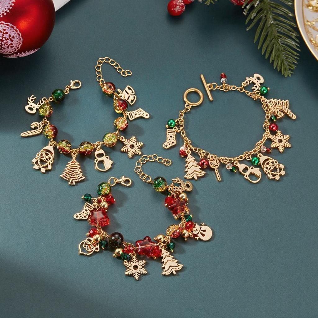 Women Christmas Charm Bracelet Colorful Crystal Beads Elk Snowman Snowflake Santa Claus Pendant Holiday Jewelry Gift