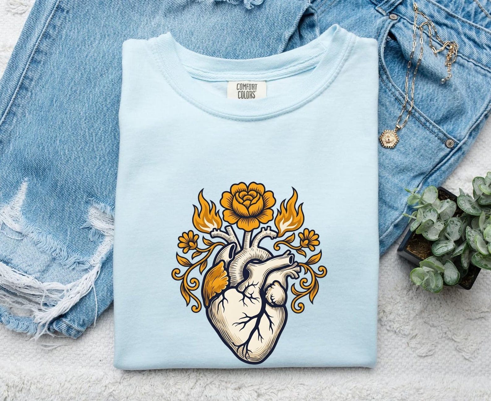 Floral Anatomical Heart Shirt Boho Chic Greenery Gift Women Line Art Tee Heart T-Shirt Bohemian Fan Illustration Tshirt Cartoon Torch Tshirt S