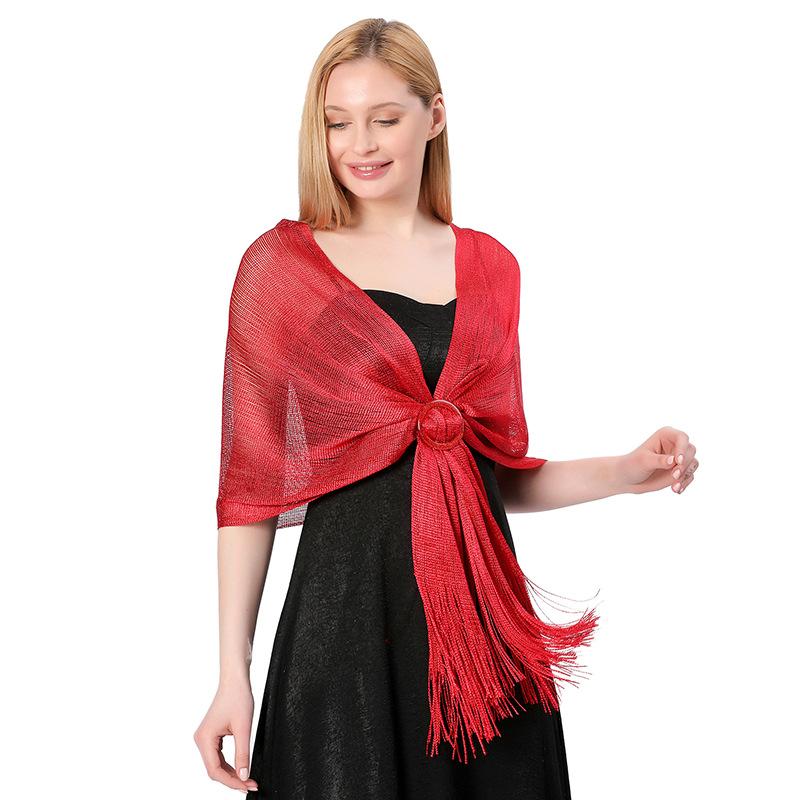 Sparkling Metallic Shawls and Wraps with Buckle for Evening Party Dresses Wedding Party, Size Is 45*160cm, Tassels18cm*2