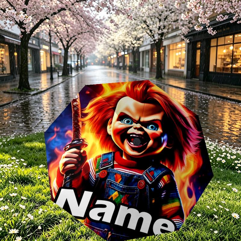 Custom Name Personalized Bride of Chucky Print Umbrella, Auto Open Close, 8‑Rib Sturdy Frame, Commute Camping Hiking Use, Birthday Gift