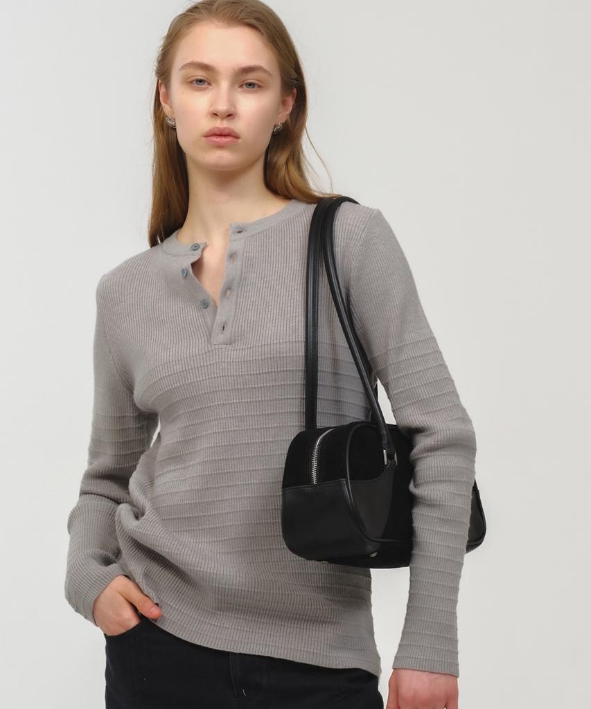 MOONSUN Unisex, Stripe Henley Neck Knit / Gray