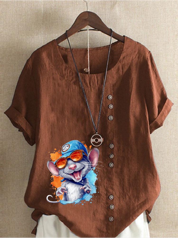 Women's Fashion Colorful Mouse Print Round Neck Short Sleeve T-shirt Casual Cotton Linen Graphic Shirt Leisure Loose Summer Blouse Tops