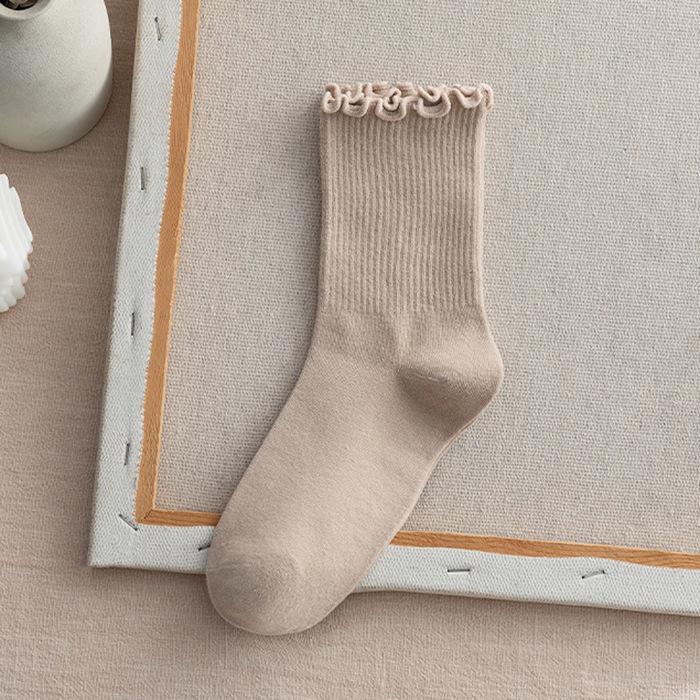 Women's Mid-Calf Ruffle Lace Socks, Coffee Color, Japanese/Korean Style, Cute Solid Color, Versatile and Girly for Spring/Fall.
