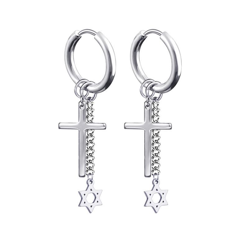 Newest 1 Pair Stainless Steel Cross Pendant Dangle Long Tassel Unisex Hoop Earrings Men/Women Punk Gothic Zircon Best Gifts