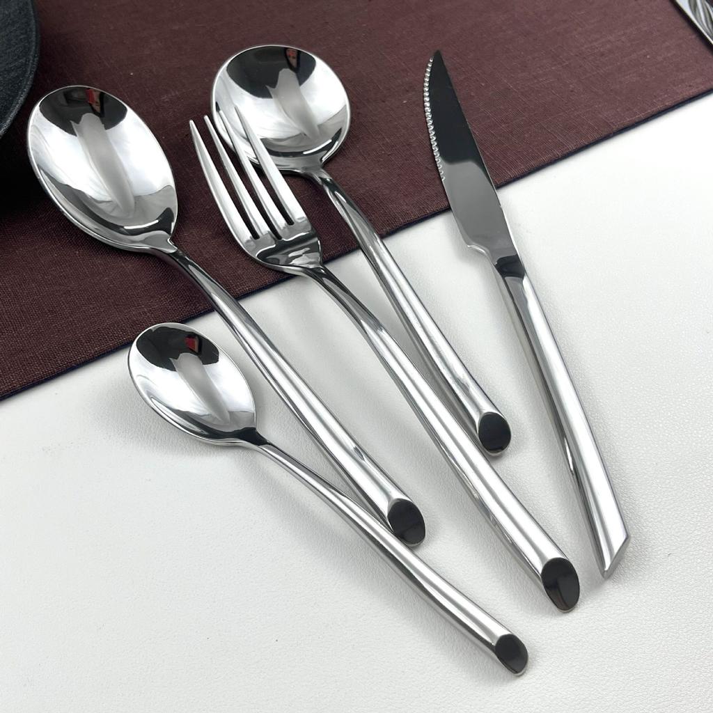 Stainless Steel Spoon and Fork Set, Diagonal Handle, Light Luxury Steak Knife, Spoon Set, 14Pcs