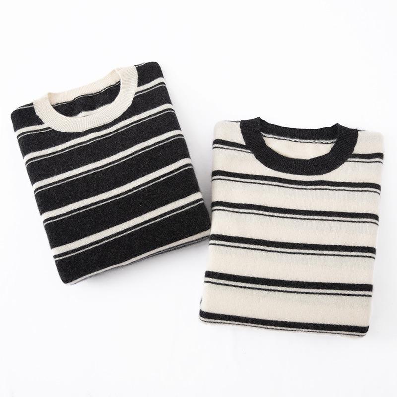 Autumn Winter Retro Stripe 100% Pure Cashmere Round Neck Knit Loose Sweater