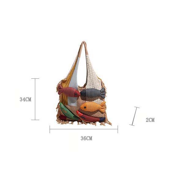 WTEMPO Ethnic-style Crossbody Single Shoulder Bags with Fish Doll Contrast Color Design Versatile Commuting/Shopping Bags Maillard Style Handbag Gifts
