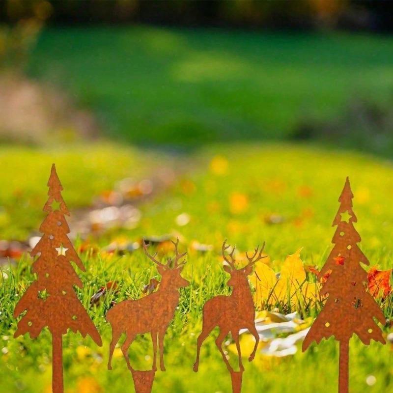 Vintage Metal Deer Tree Sculptures 4 Pack Rustic Farmhouse Outdoor Garden Statues Weather Resistant Lawn Patio Yard Decor Home Gift