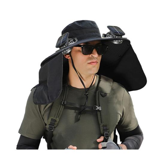Bucket Hat Lightweight Breathable Water-Repellent Fabric Hiking Hat Adjustable Chin Cord Foldable Neck Guard Sun Hat with 2 Fans