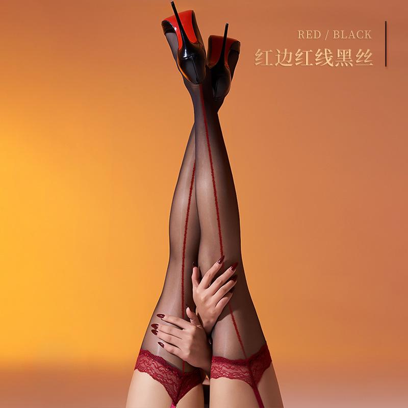 Sexy Spitzen-Strumpfhalter-Einteiler Strümpfe Stimmung Langschaft Glänzend Ultra-dünn Über-dem-Knie Strümpfe Color-Blocking Schwarze Strümpfe