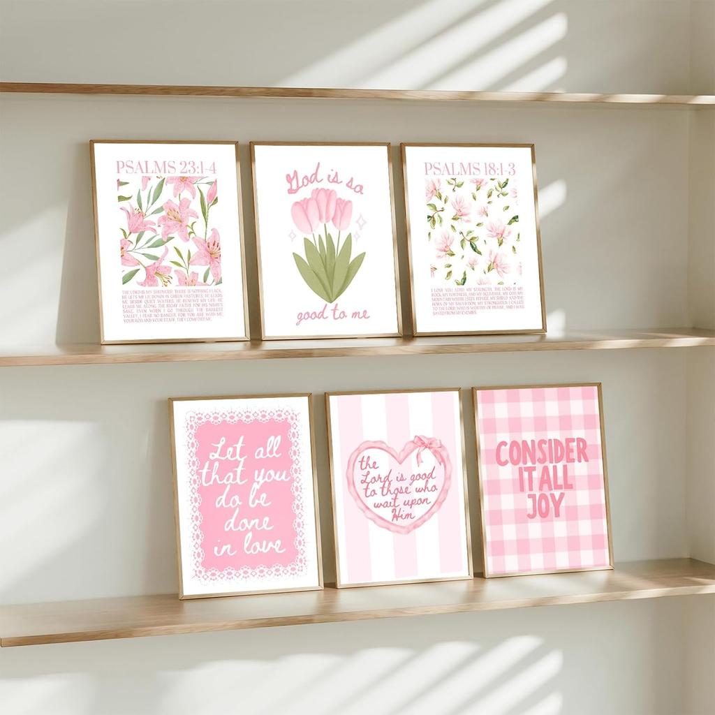 Pink Bible Verse Wall Art Set of 6 Religious Preppy Wall Decor Christian Floral Room Decor for Girls Scripture Cute Posters for Bedroom Christian