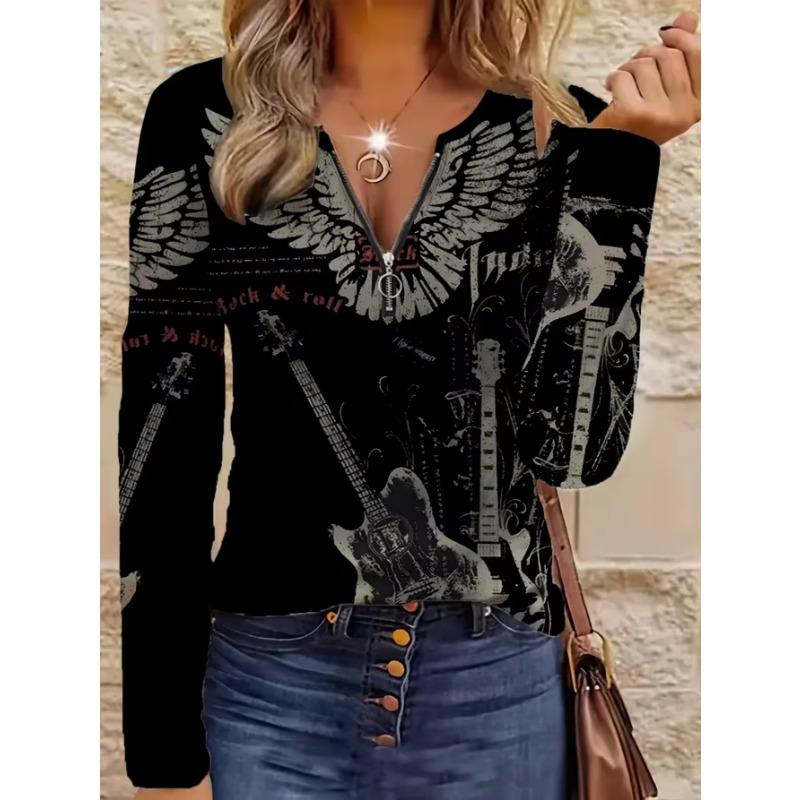 Top da donna elegante con cerniera e stampa a maniche lunghe, alla moda e versatile per l'abbigliamento casual e da ufficio autunnale e invernale, lavabile in lavatrice